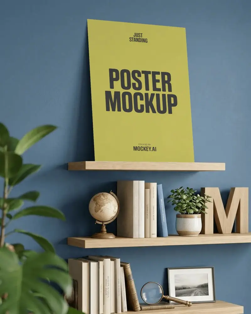 Interior Wall Poster Mockup Display With Decorative Items And Greenery On Wooden Shelves