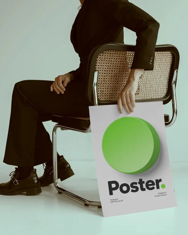 Stylish Modern Person Holding Poster Mockup Sitting On Retro Chair For Design