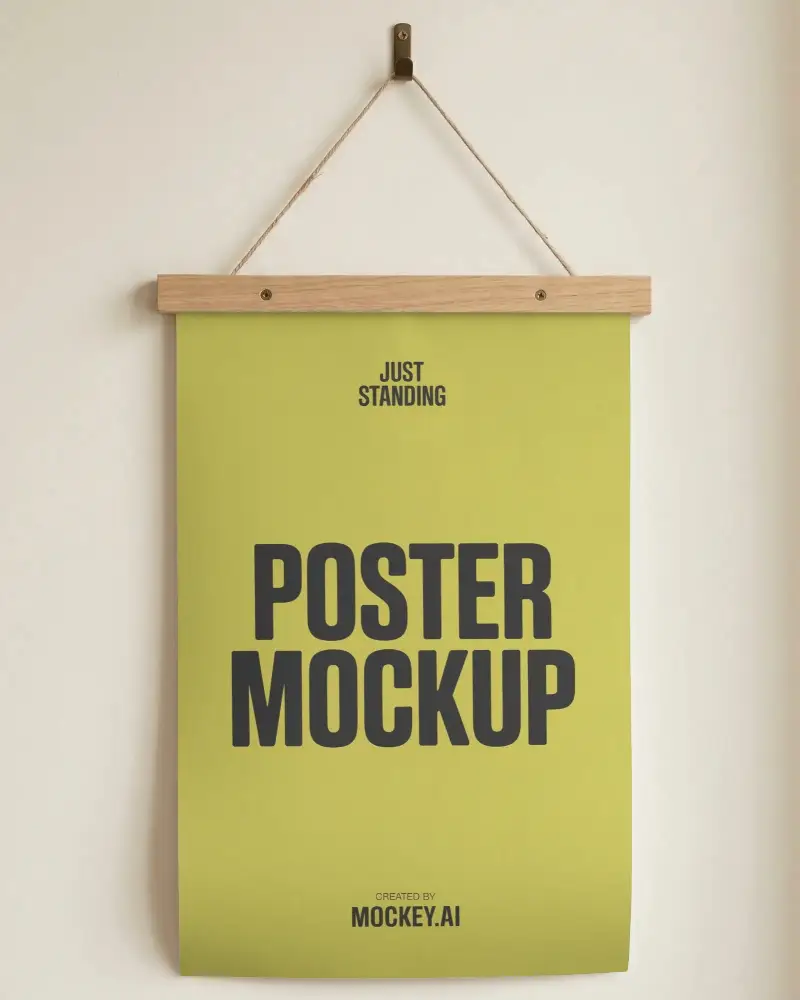 Minimalist Hanging Poster Mockup With Wooden Clip And Texture Background For Art Print