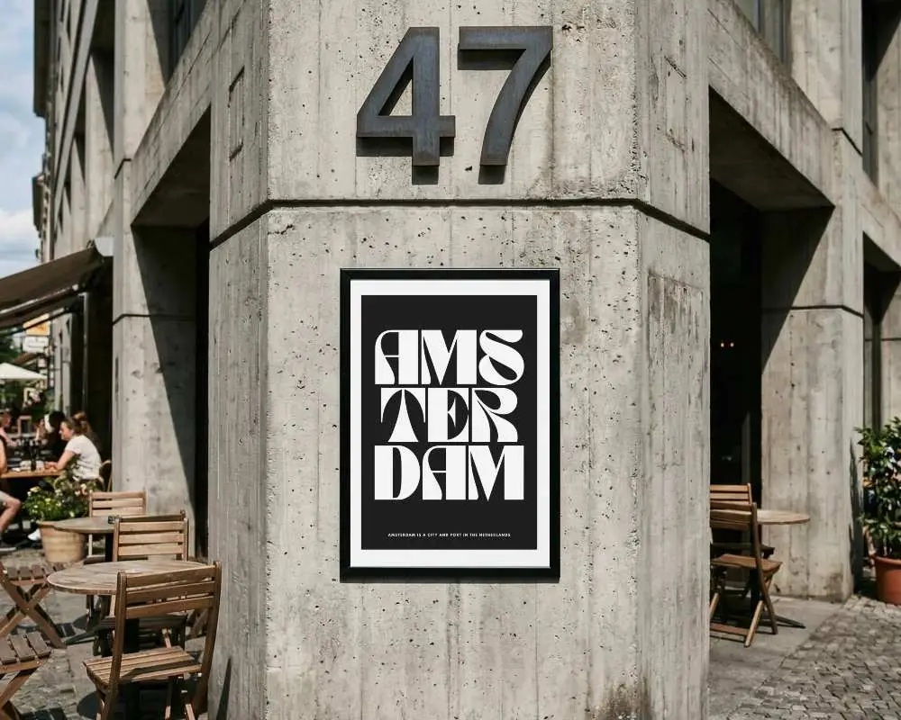 Outdoor Poster Mockup On Concrete Wall In Urban Cafe Setting Perfect For Advertising