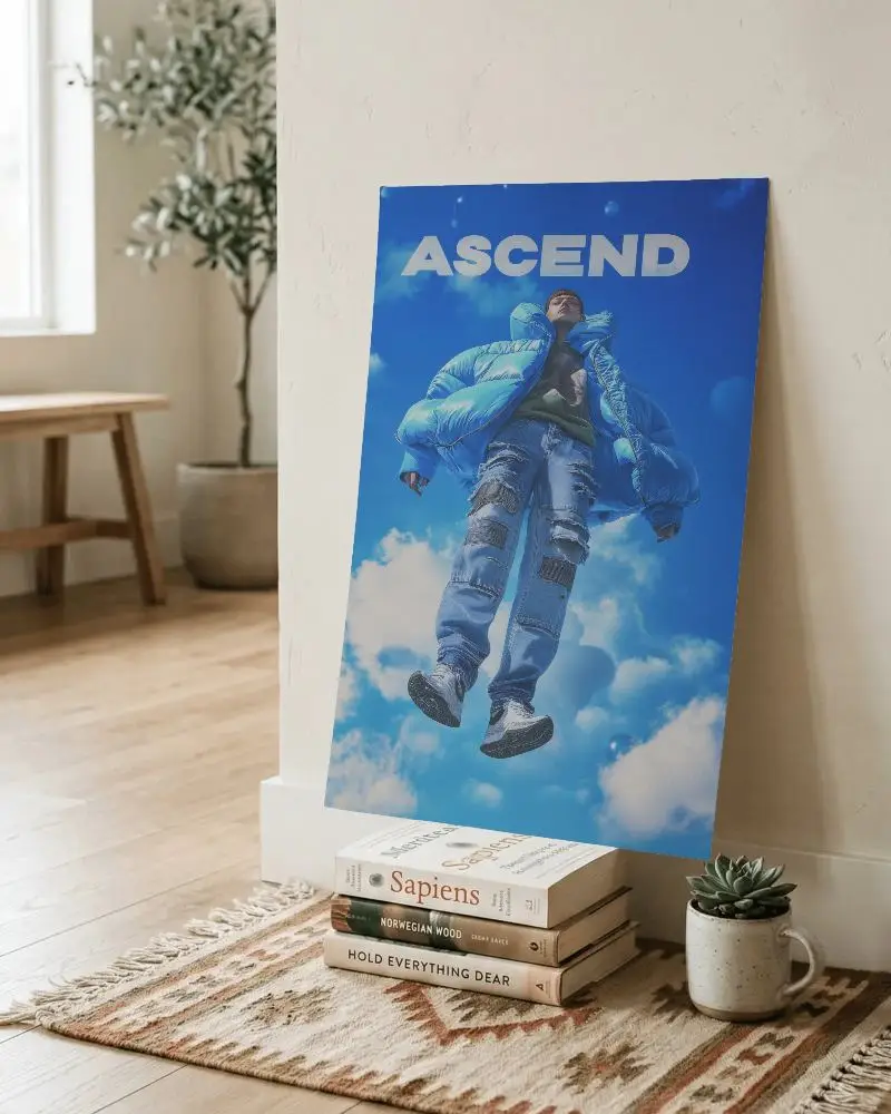 Minimalist Poster Mockup With Leaning Design On Stack Of Books And Succulent Pot