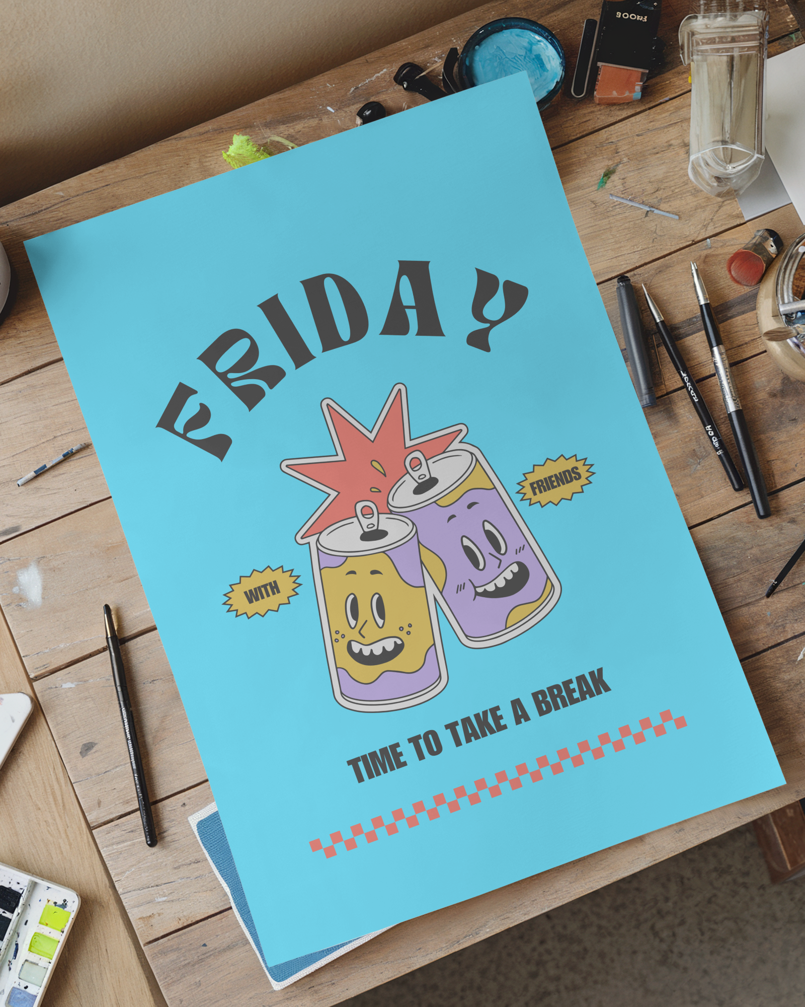 Artistic Workspace Poster Mockup Large Design Sheet On Rustic Wooden Desk Scattered Art Supplies Creative And Inspirational Setting