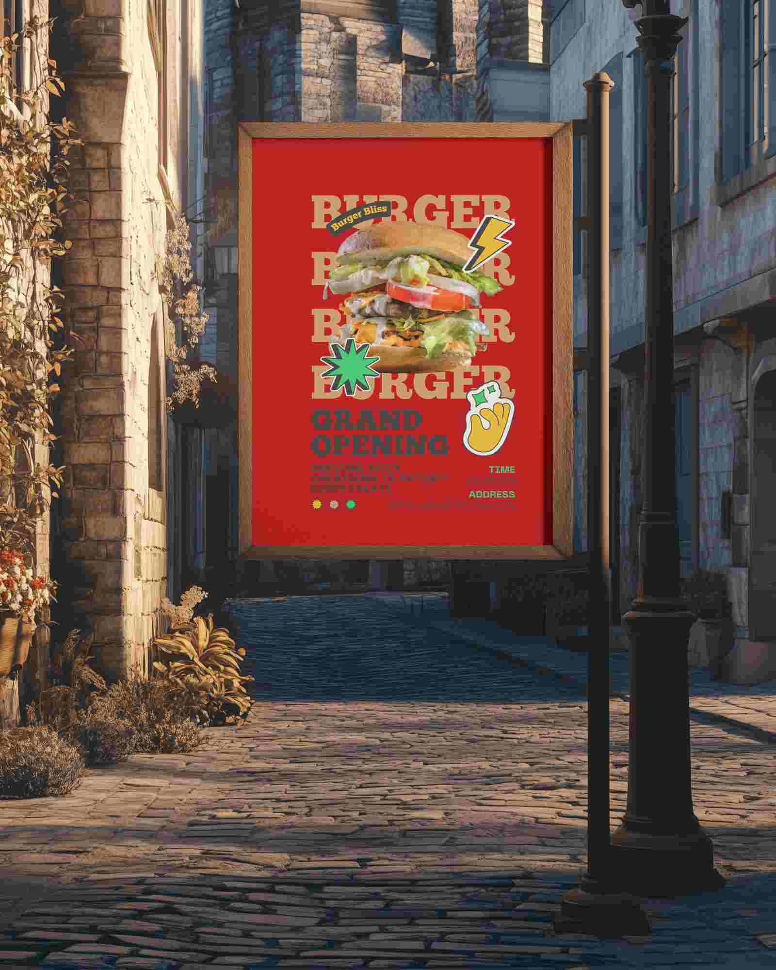 Vintage Street Sign Poster Mockup Rustic Framed Design In Charming Cobblestone Alley Soft Evening Lighting Cozy And Elegant Atmosphere