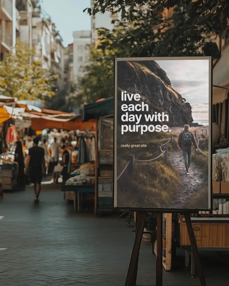 Street Market Poster Mockup–urban Backdrop–sunlit Walkway–outdoor Retail Scene–folding Stand Display–vibrant Realistic Environment–editable Fashion Or Event Design