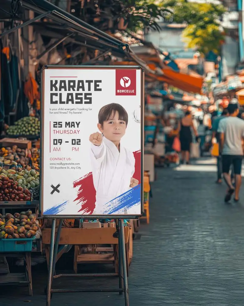 Outdoor Market Poster Mockup On Easel Amid Fruit Stands Blank Template Sunny Day With Walking Shoppers Urban Street Atmosphere