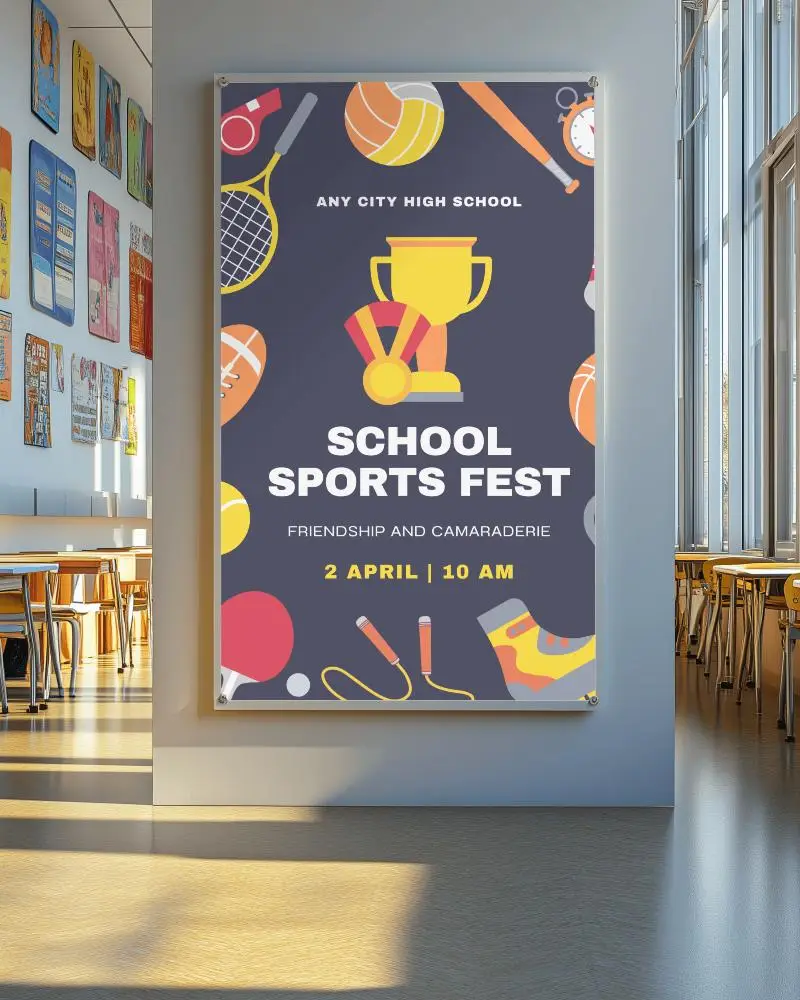 Bright Classroom Interior Poster Mockup Mounted On Wall With Colorful Student Artwork Natural Light Streaming In Cheerful Educational Setting