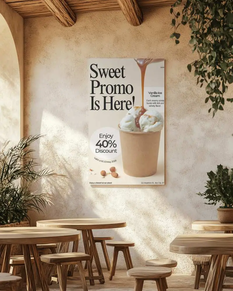 Sunlit Portrait Poster Mockup In Earthy Cafe Setting With Rustic Natural Textures