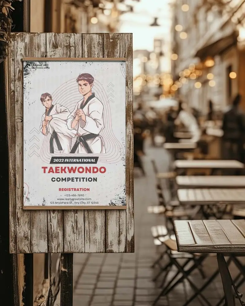 Rustic Outdoor Cafe Sign Mockup With Worn Wood Frame And Cozy Evening Atmosphere