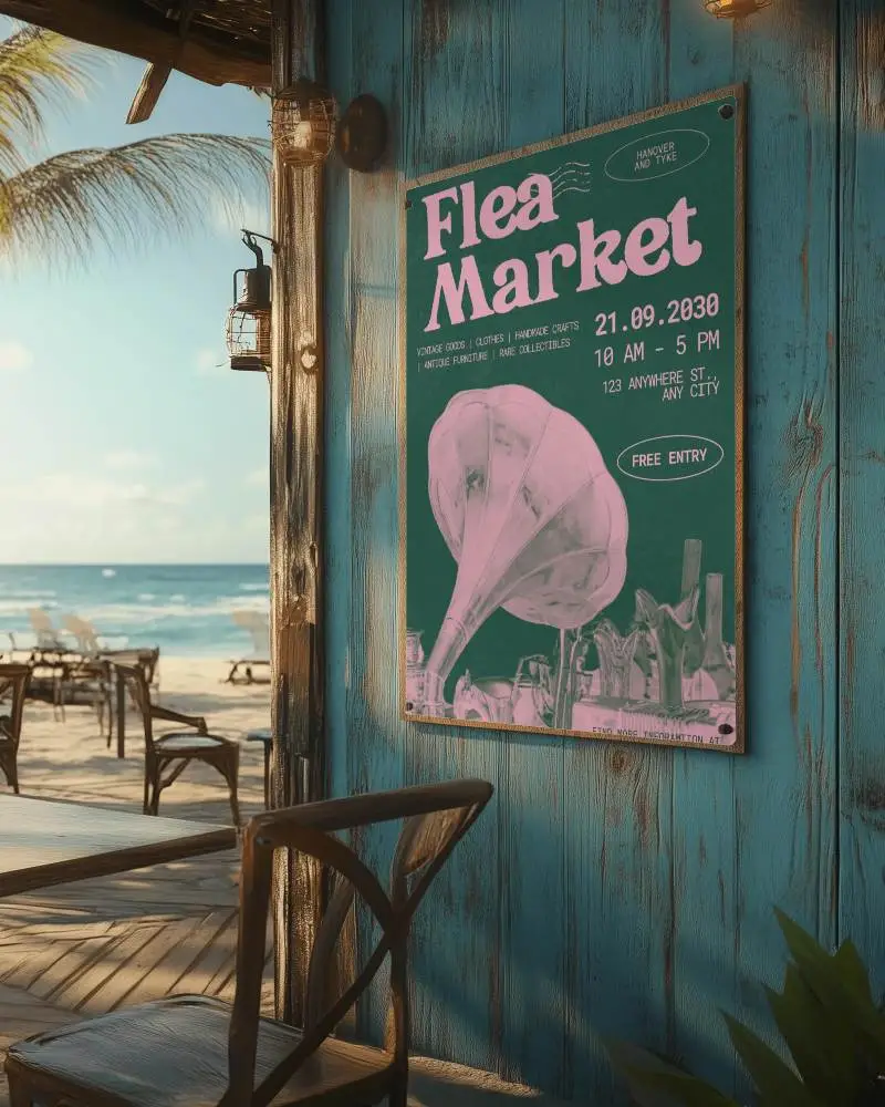 Coastal Chill Marketing Sign Mockup Integrating your design with the soothing Sounds of crashing Waves and the beauty of a sunlit Beach