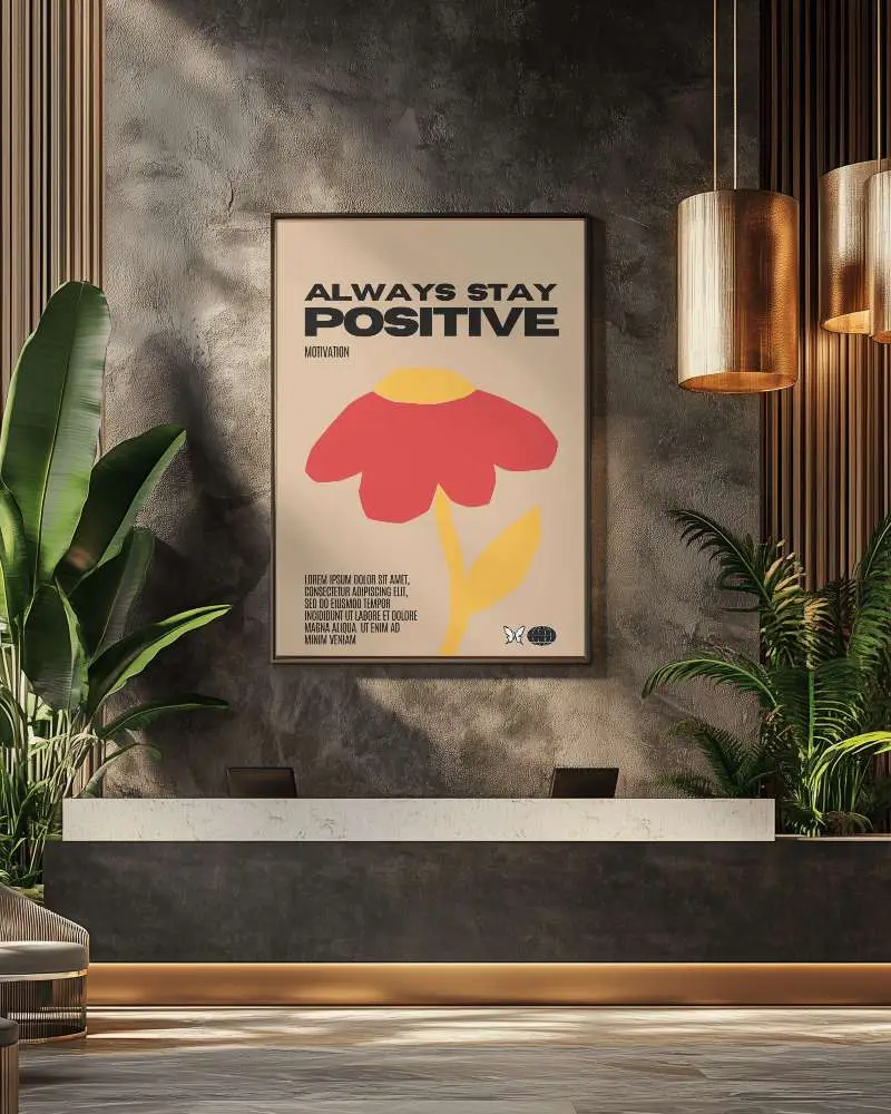 Luxury Lounge Reception Poster Mockup Dark Textured Wall And Gold Hanging Lamps With Lush Greenery Refined And Inviting Atmosphere