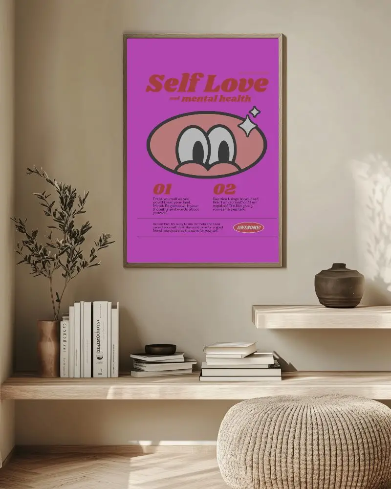 Minimalist Living Room Poster Mockup Beige Wall And Wooden Shelf With Books And Vase Clean And Cozy Atmosphere