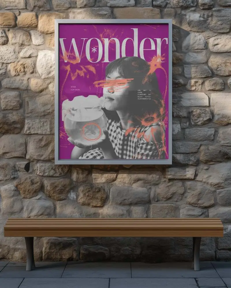 Rustic Outdoor Bench Poster Mockup Textured Stone Wall And Wooden Bench Clean And Rustic Setting