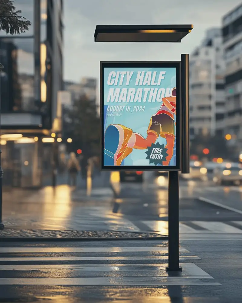 Dusk City Bus Stop Mockup Wet Pavement And Lit Signage Modern Urban Background Dynamic And Atmospheric Setting