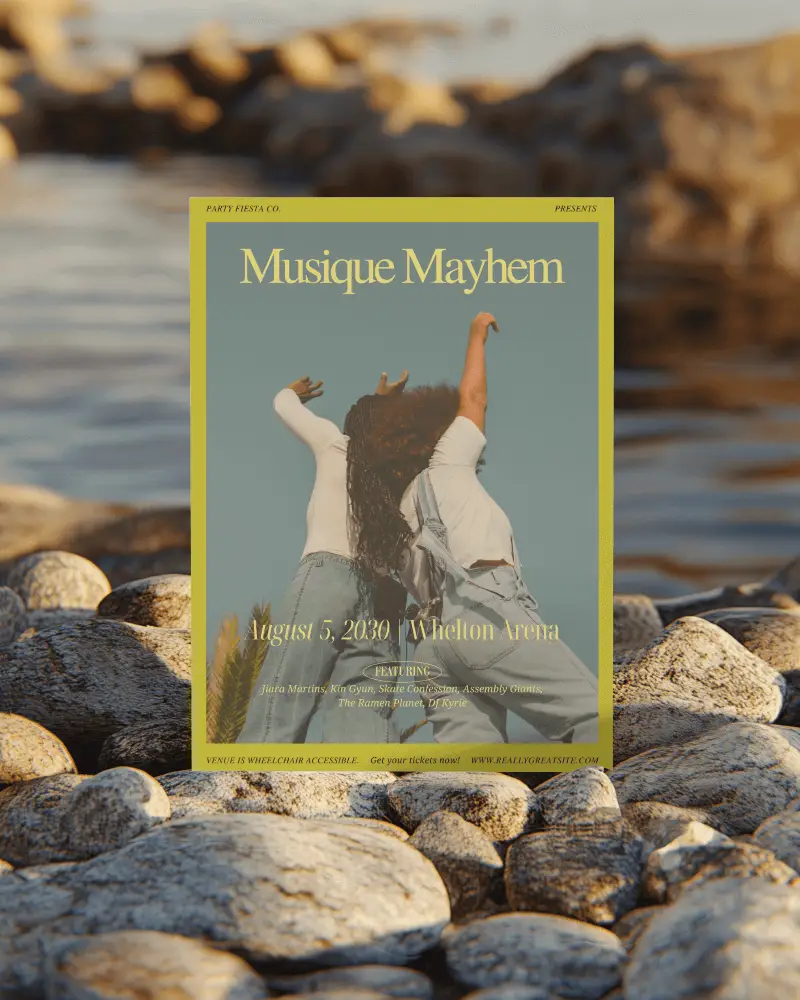 Single A4 Poster Mockup Outdoor Coastal Setting On Beach Rocks Ocean Background