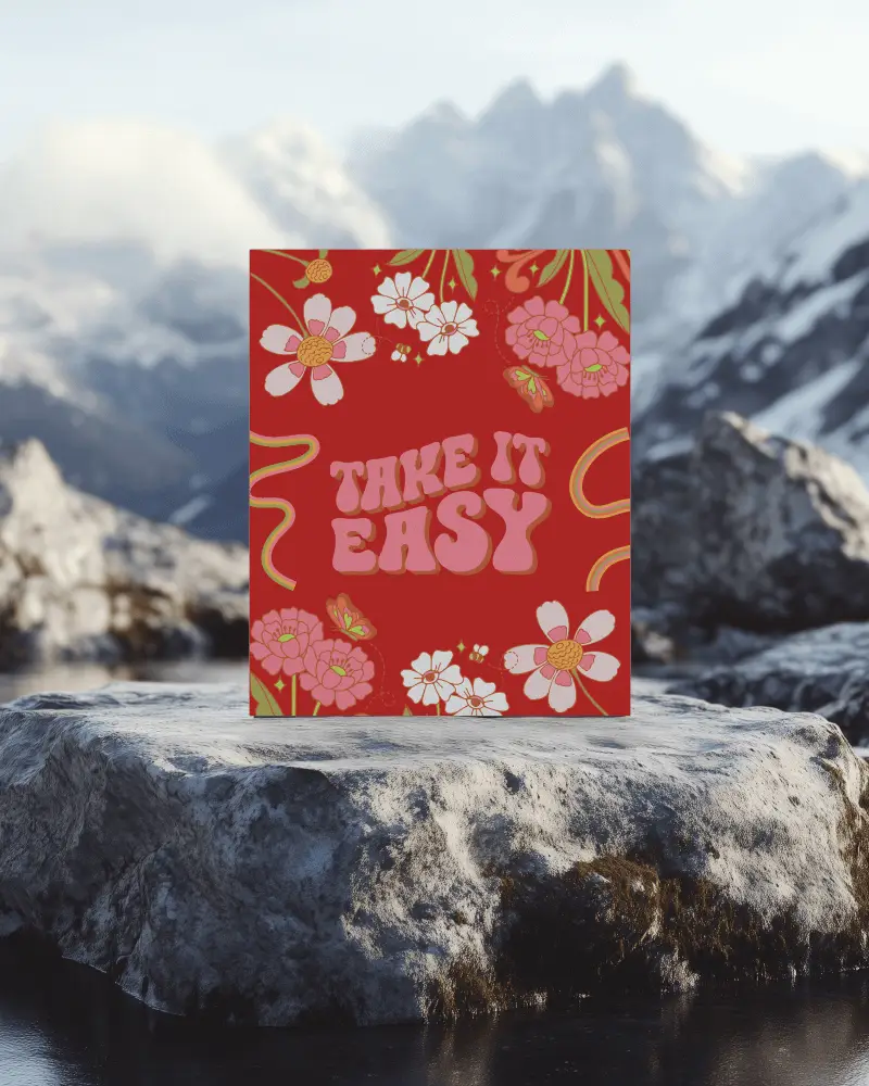 Snowy Mountain Peak A4 Poster Mockup Placed On Icy Boulder In Dramatic Alpine Scenery Bold Graphic