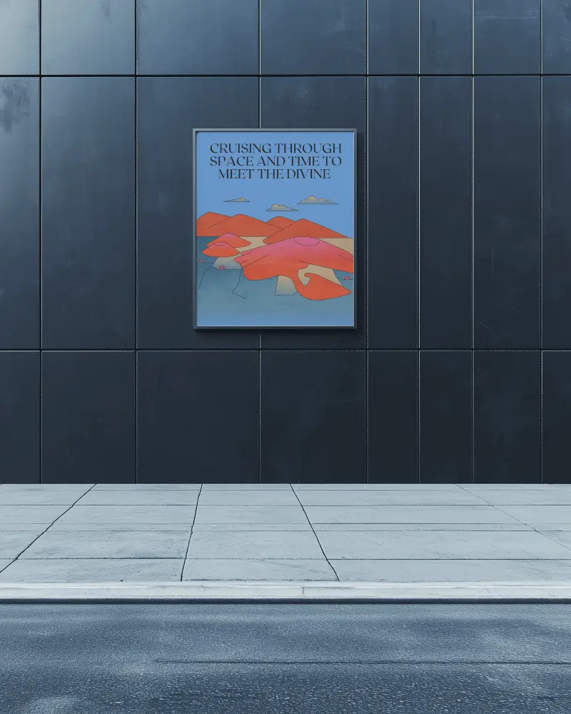 Modern Urban Poster Mockup Mounted On Dark Wall Exterior Street Scene Featuring Artistic Abstract Design