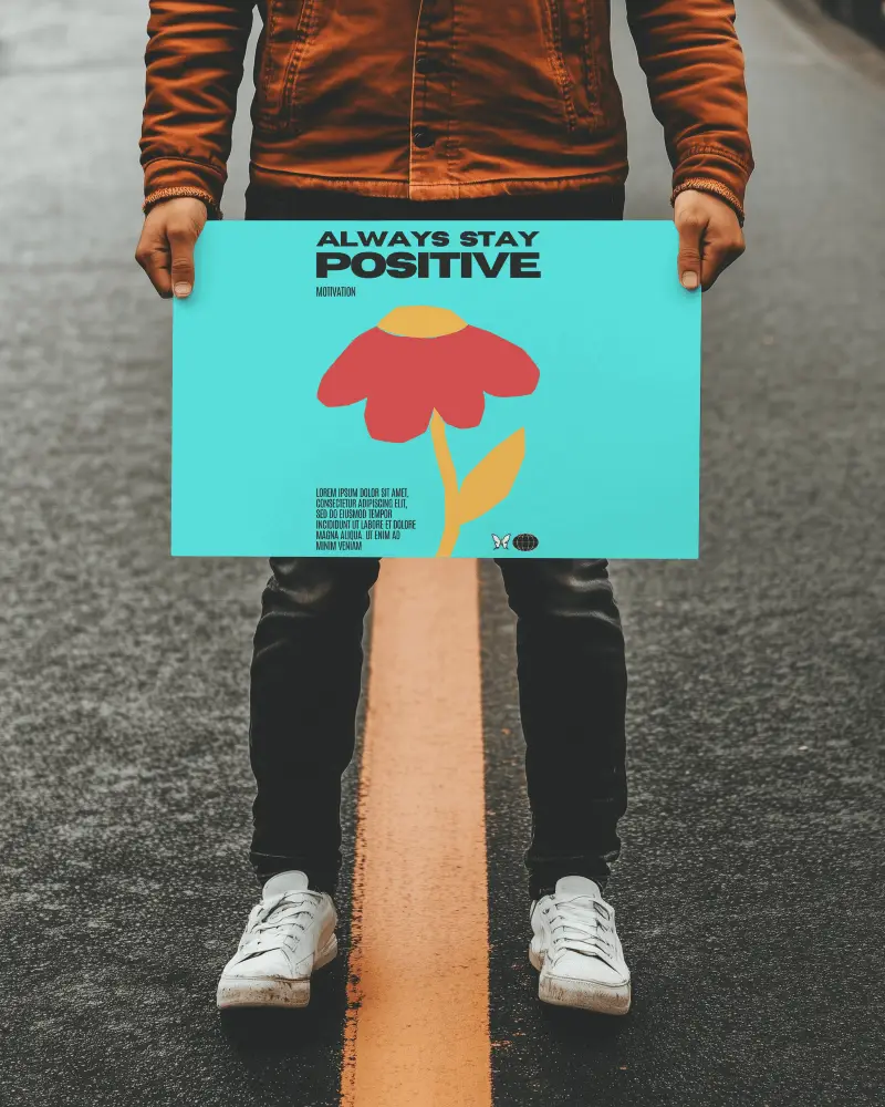 Urban Street Poster Mockup Man Holding On Wet Road Yellow Line Center Alignment Bold And Energetic Vibe