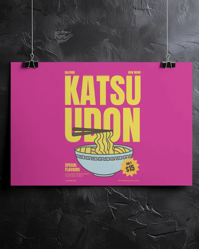 Hanging Poster Mockup Bold For Promotion Background Black Textured Wall Gourmet Advertisement Display