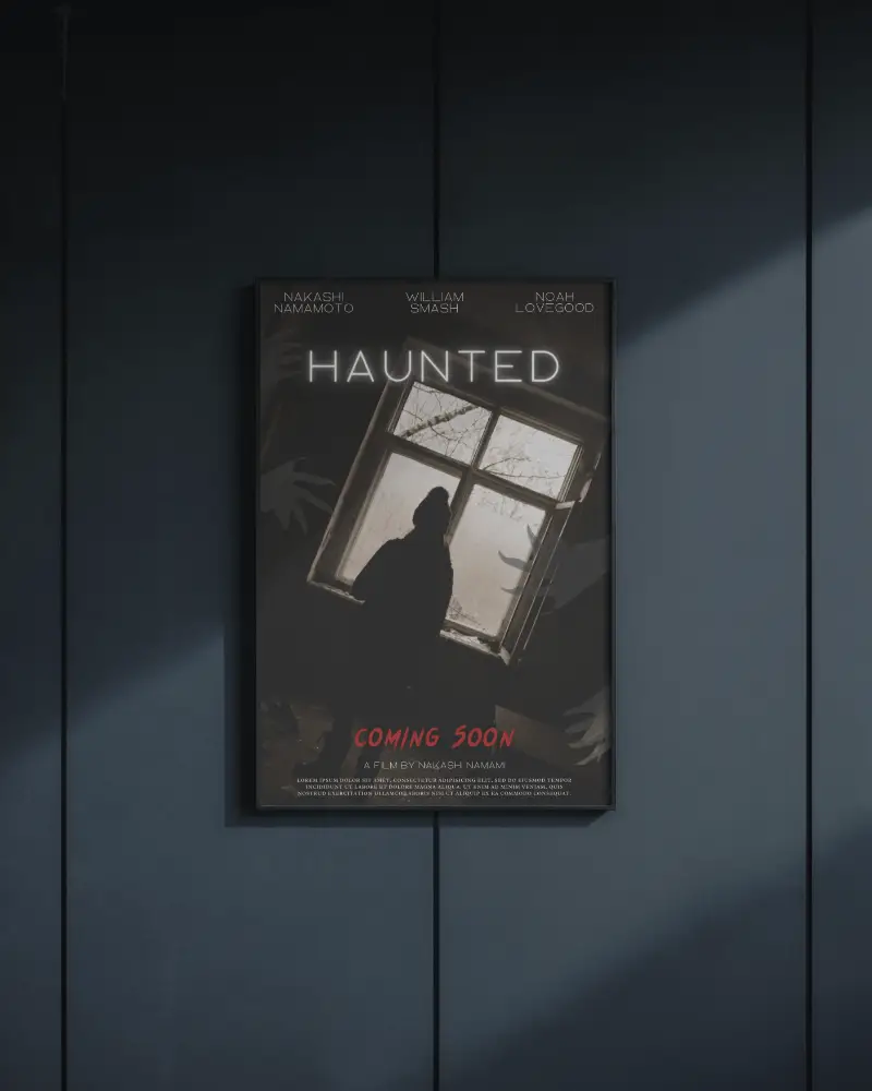 Dark Wall Vertical Poster Mockup Shadowy Figure Near Window Chilling Atmosphere