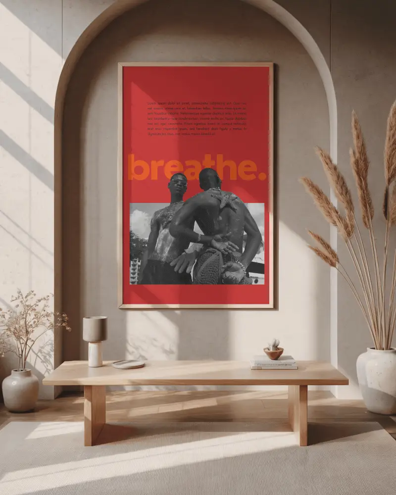 Vertical Sunlit Arched Wall Poster Mockup Minimalist Wooden Bench Neutral Toned Modern Interior Pampas Grass Decor Soft Natural Lighting