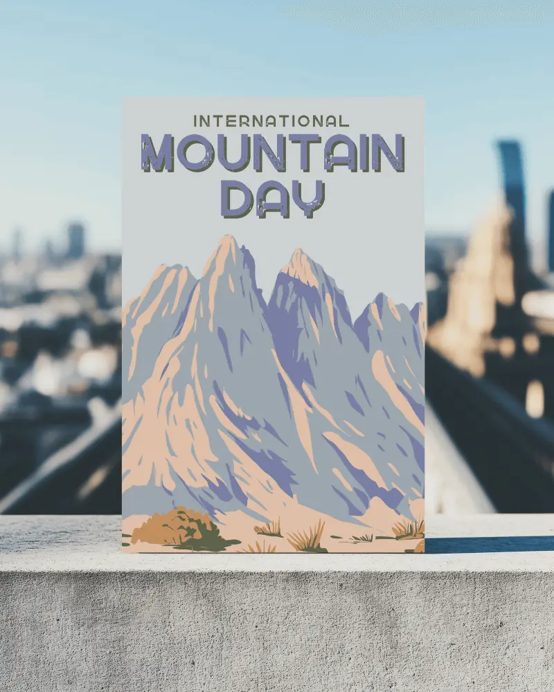 Vertical Cityscape Poster Mockup On Concrete Surface With Blurred Urban Background And Sunny Blue Sky