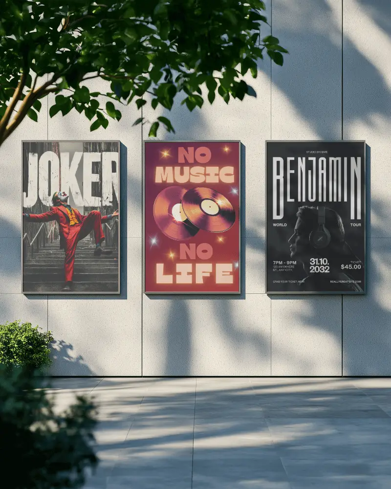 Trio Wall Poster Mockup Vertical Format Vibrant Art Music Theme Outdoor Display Sunny Shadows