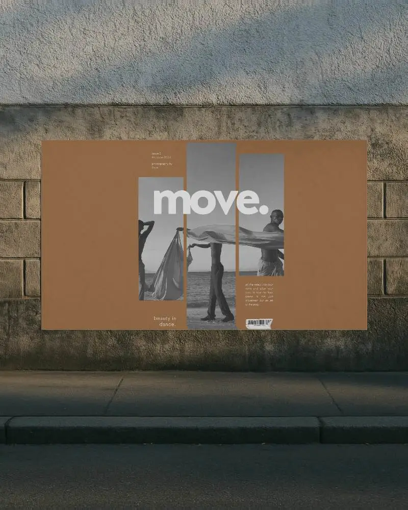 Large Horizontal Poster Mockup Against A Textured Concrete Wall With A Shadowy Footpath