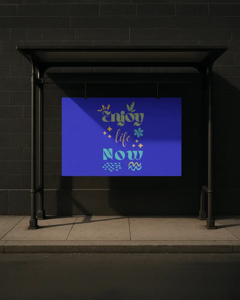 Horizontal Poster Mockup In Urban Setting Bus Stop Evening Shadow Cast Minimalist Street Scene Contemporary Advertising Display