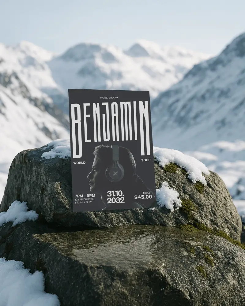 Vertical A4 Poster Mockup On Snowy Mountain Rock Natural Winter Landscape Outdoor Presentation With Scenic Background