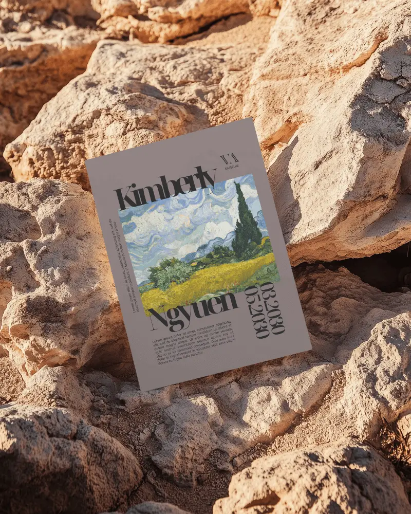 A4 Paper Poster Mockup On Rugged Desert Rocks Earth Tone Background Outdoor Natural Light Display