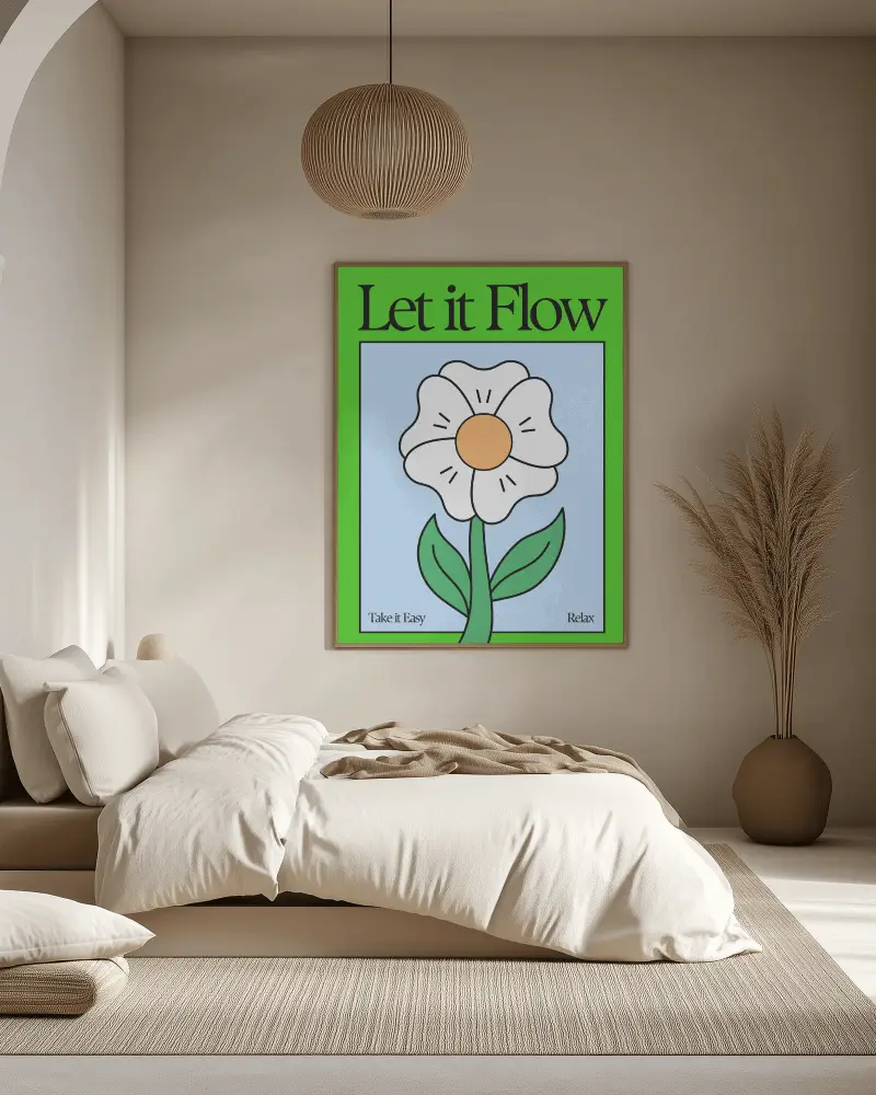 Neutral Toned Bedroom Poster Mockup Vertical Wall Frame With Flower Illustration In Minimal Modern Interior Soft Lighting Relaxing And Cozy