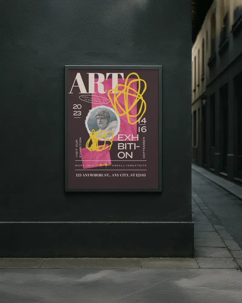 Urban Alleyway Vertical Poster Mockup On Dark Wall Modern Art Exhibition Advertisement Bold Colors Textured Background Street View Promotional