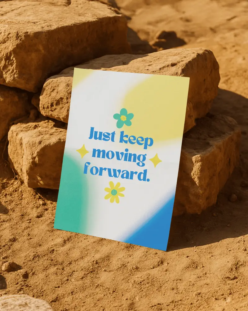 Sunlit Outdoor Poster Mockup On Rocky Ground In Desert Environment Positive Message Print With Colorful Gradient Design Encouraging Quote On Natural Texture Surface