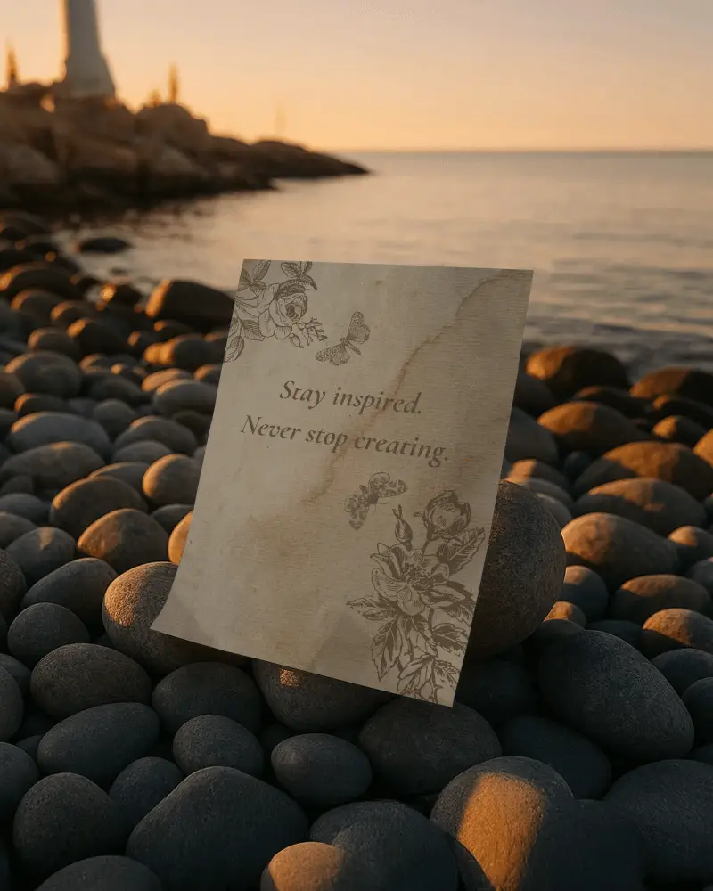 Paper Poster Mockup Leaning On Rounded Coastal Stones During Golden Hour Seaside Background With Soft Sunset Lighting Natural Texture Scenic Presentation Template