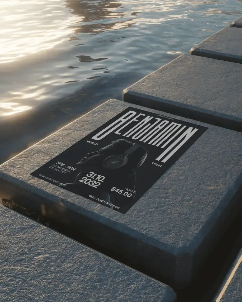 Paper Poster Mockup On Textured Stone Pier Next To Calm Water Surface During Sunset Outdoor Presentation With Natural Light Reflection Serene Maritime Backdrop