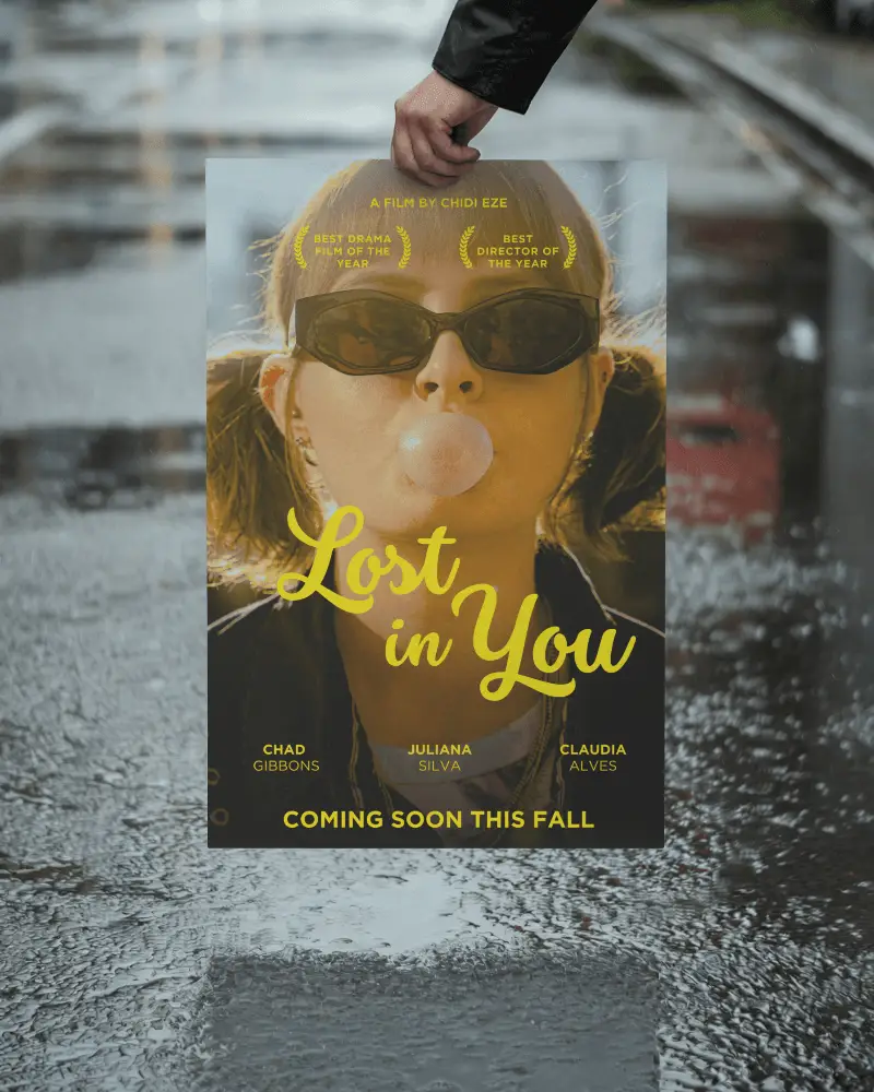 Vertical Paper Poster Mockup Hand Holding On Wet Urban Street With Reflective Surface Moody Weather Environment