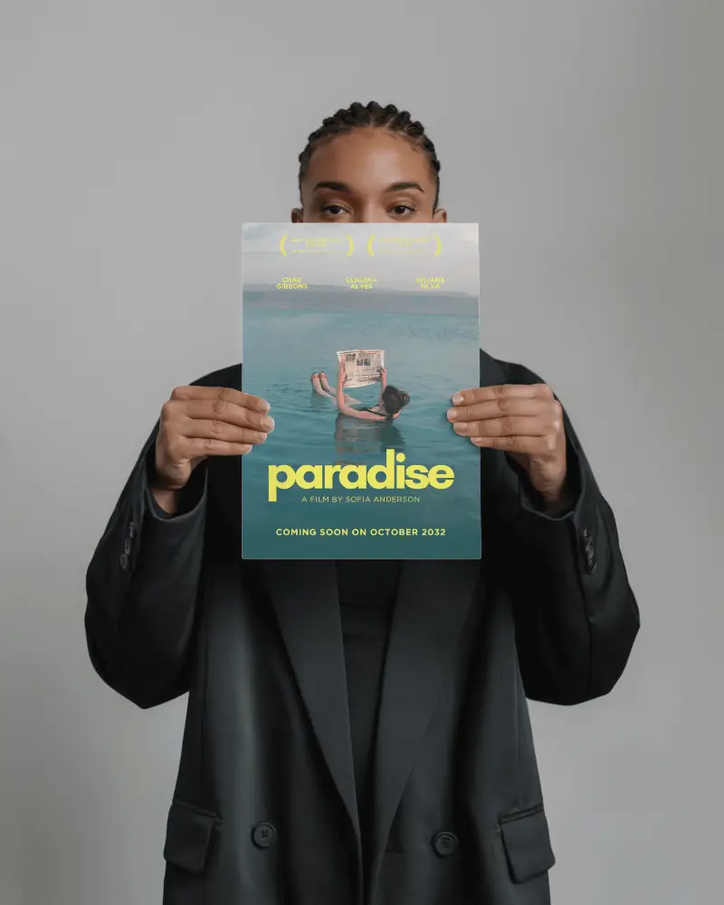 Poster Mockup Hand Holding In Front Of Face Studio Background With Neutral Lighting Formal Black Outfit Minimal Aesthetic Clean Promotional Display