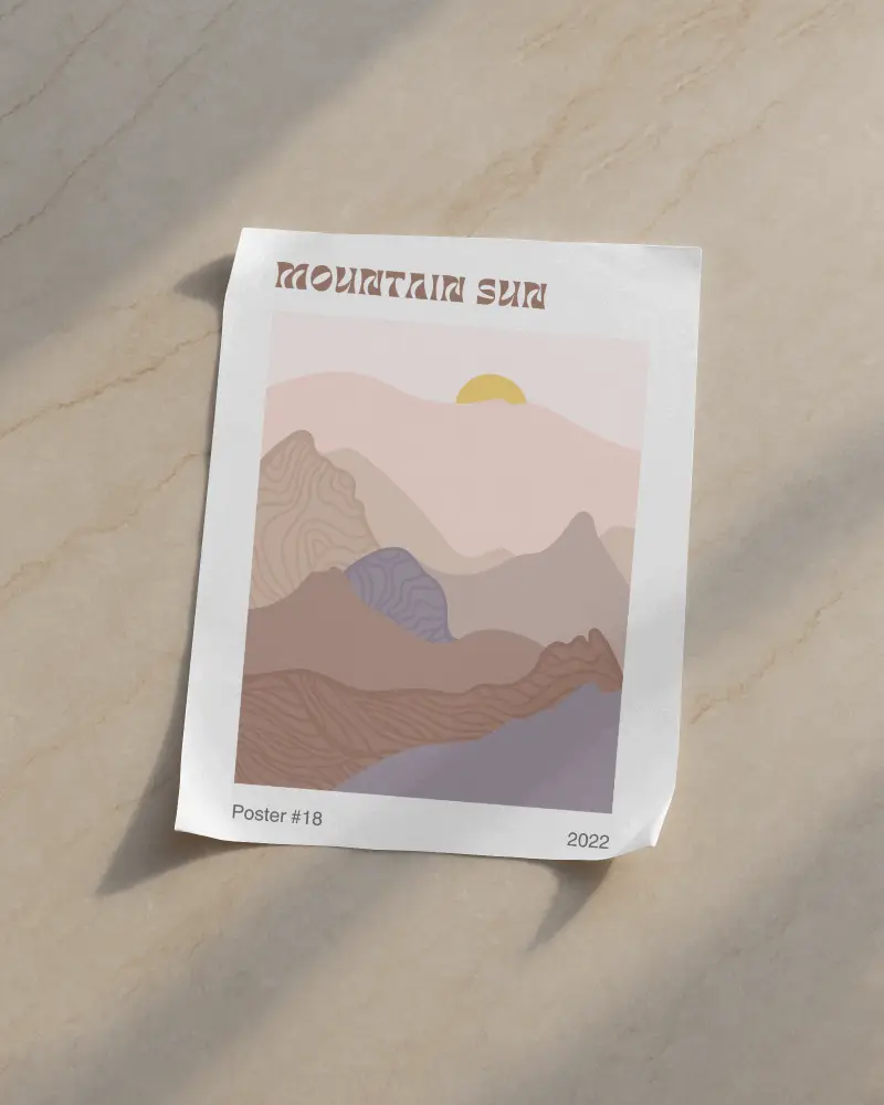 Paper Poster Mockup With Curled Corner On Warm Marble Floor Soft Shadow Lighting Clean Natural Stone Background Modern Outdoor Presentation Display Template