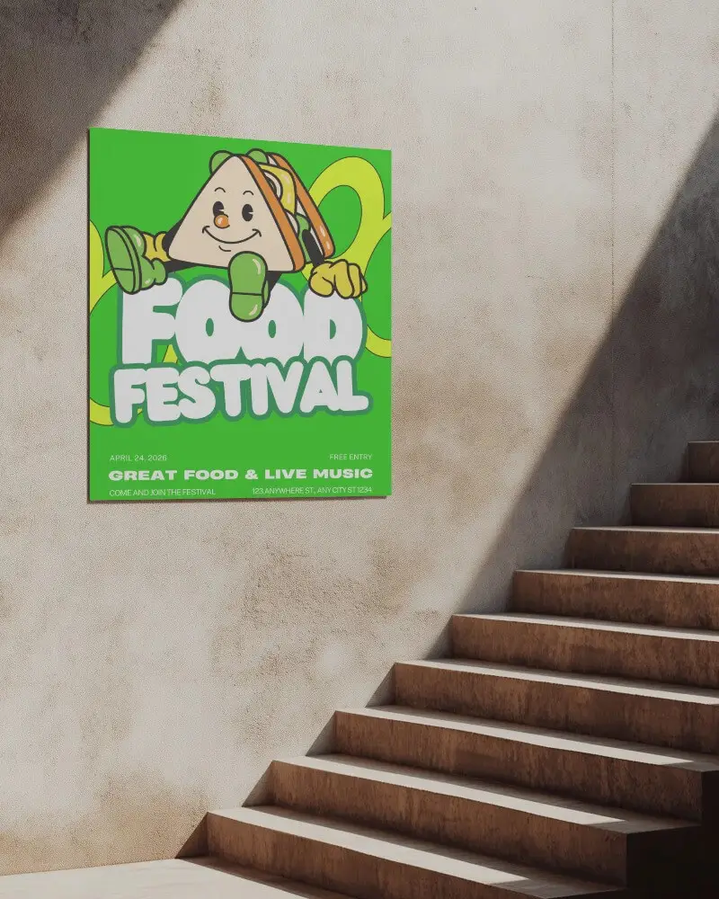 Poster Mockup On Textured Wall Above Modern Staircase With Dramatic Sunlight And Shadows Minimal Architectural