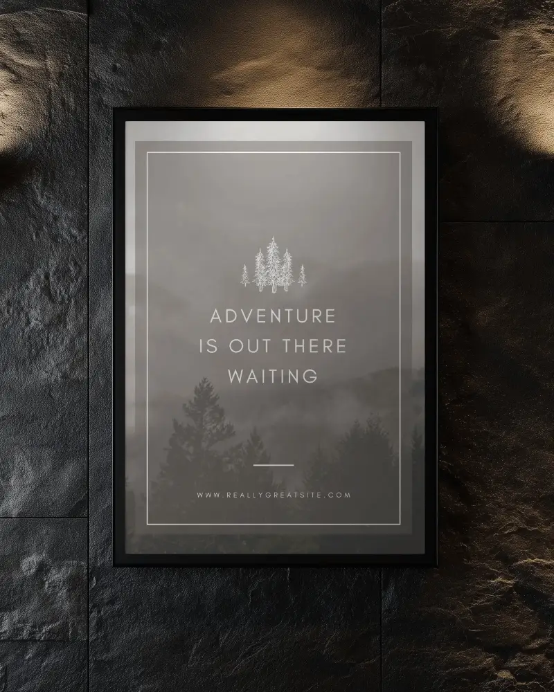 Framed Vertical Poster Mockup Mounted On Dark Textured Stone Wall With Spotlight Illumination Luxury Interior Setting Modern Minimal Presentation Template