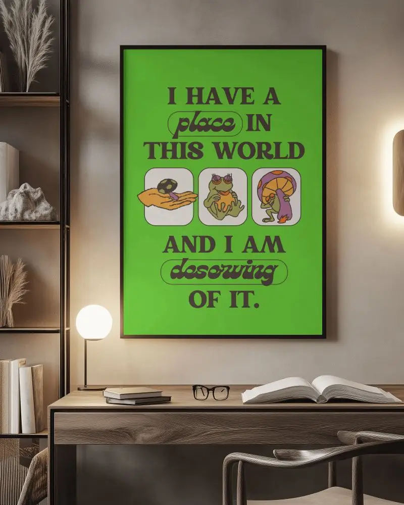 Framed Vertical Poster Mockup Above Modern Desk With Books And Lamp Soft Interior Lighting Inspirational Workspace Decor Warm