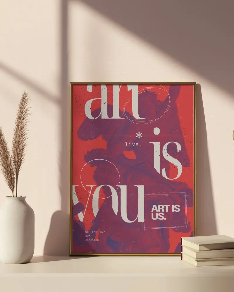 Framed Vertical Poster Mockup On Light Pink Wall With Golden Frame Soft Sunlight Shadows Minimal Modern Interior Decorated With Books And Vase Display Scene