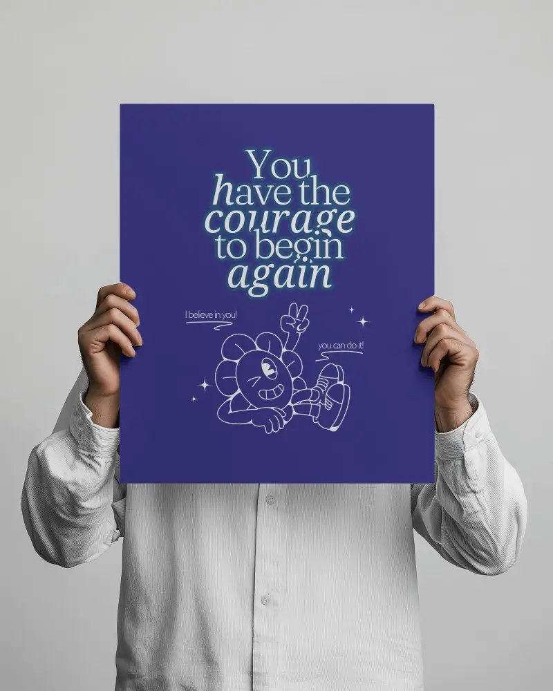 Vertical Poster Mockup Hand Holding In Front Of Face Studio Background With White Shirt Minimal Clean Aesthetic Promotional Or Inspirational Display Scene