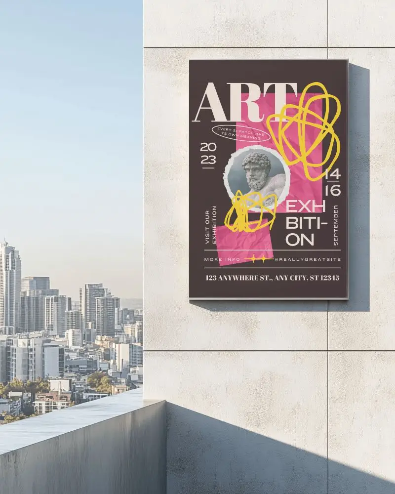 Vertical Poster Mockup Mounted On Modern Concrete Wall Overlooking Cityscape Outdoor Daylight Setting