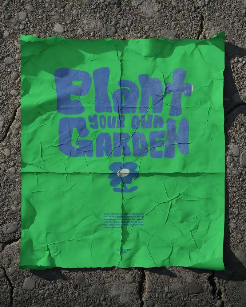 Wrinkled Paper Poster Mockup On Urban Grunge Ground Textured Asphalt Background Weathered Folded Look For Realistic Street Art Presentation