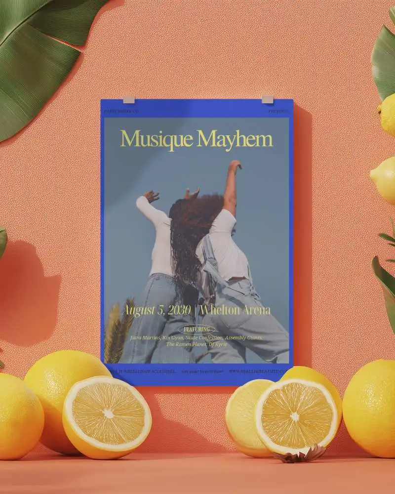 Taped Paper Poster Mockup On Coral Wall With Citrus And Leaves Bright Summer Music Event Vibrant Promo Scene For Festival Presentation