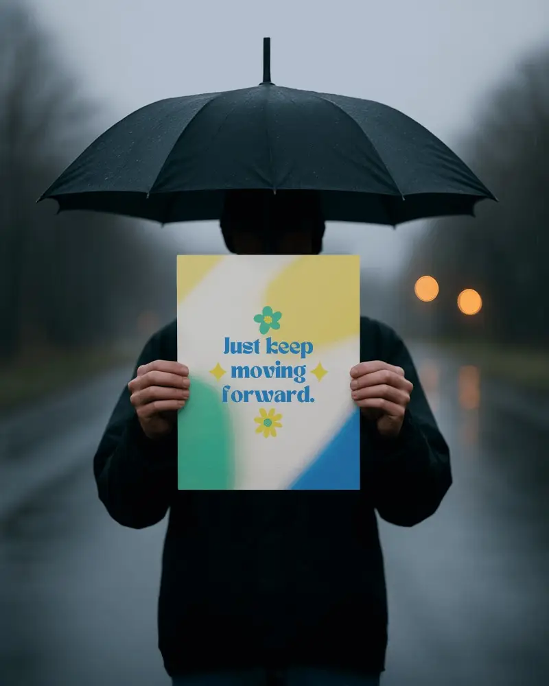 Rainy Street Poster Mockup Person Holding Under Black Umbrella Moody Evening Inspirational Design Showcase