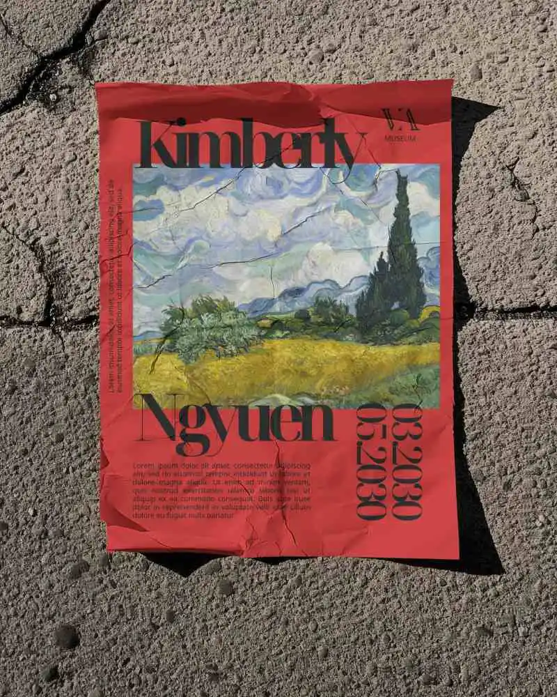 Wrinkled A4 Poster Mockup On Rough Asphalt Surface Outdoor Urban Exhibition Promotion Template