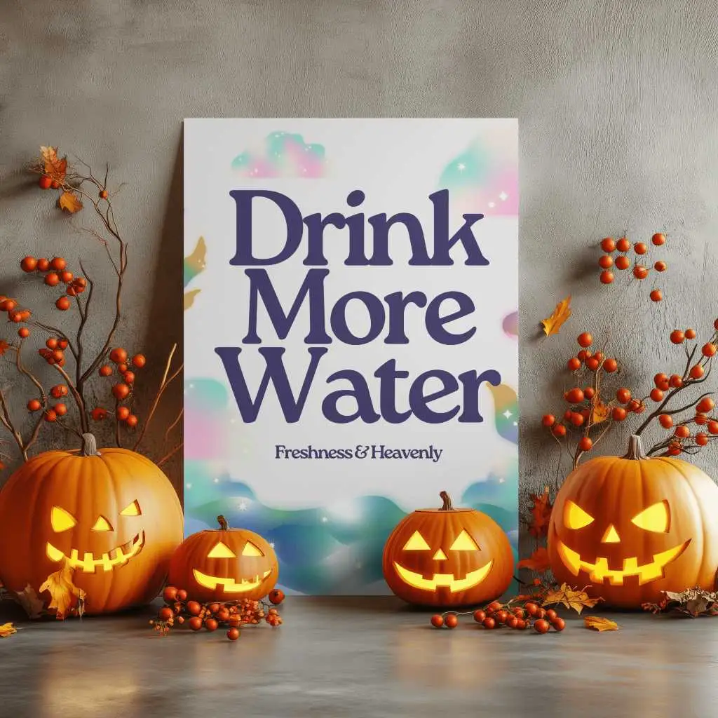Festive Halloween Decor Poster Mockup On Concrete Wall Surrounded By Jack O Lanterns And Autumn Berries Spooky Season Setting