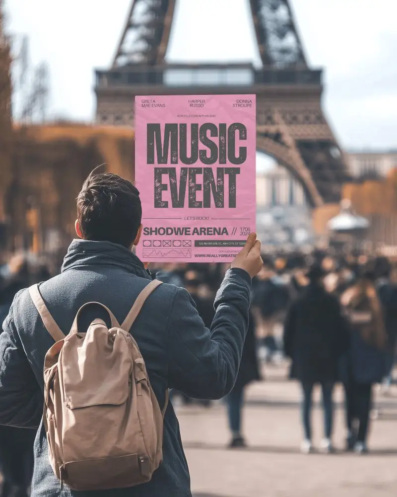 Eiffel Tower Backdrop Paper Poster Mockup Handheld By Man In Crowded Tourist Spot Promoting Event Or Brand In Travel Setting